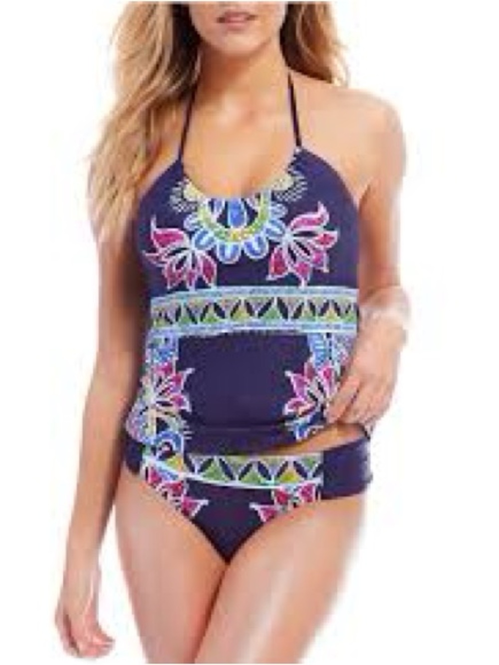 Trina Turk Ladies 12 Navy Floral Halter Tankini Swimsuit Swim Wear Bathing Suit